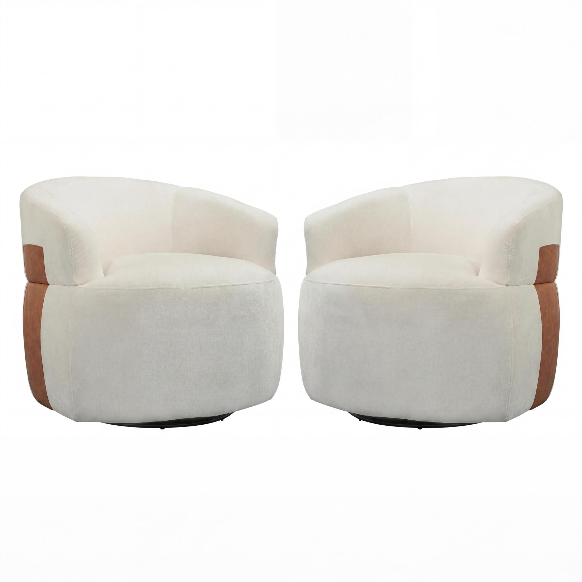 Christopher Knight Home Modern 360° Swivel Barrel Accent Chair, Polyester Fabric with Leather Accent, White, Set of 2