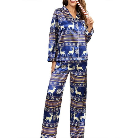 

Mubineo Women’s Stain Pajamas Set Soft Long Sleeve Button Down Shirt + Pants Set Sleepwear