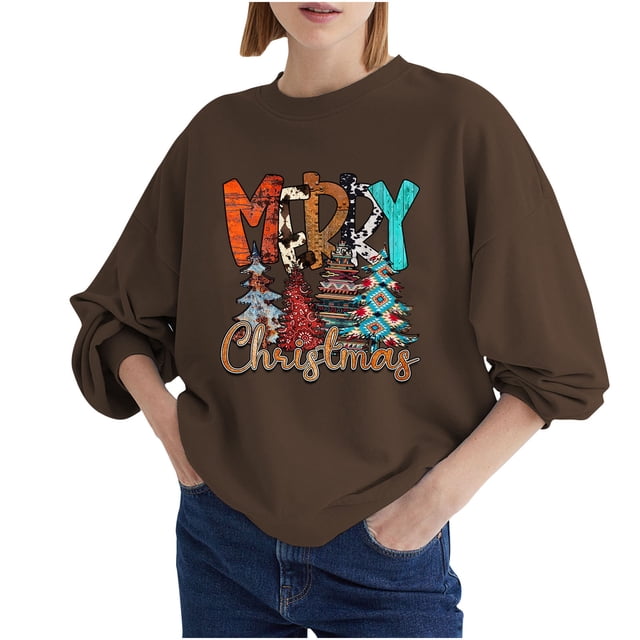 Blusa holgada de manga larga con cuello redondo y estampado navideño para mujer Fridja bvmnju2435