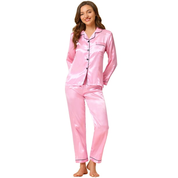 Conjuntos de pijama para mujer Ropa de dormir de manga larga con botones Traje de noche suave para mujer Conjuntos de salón Pj Rosa XS