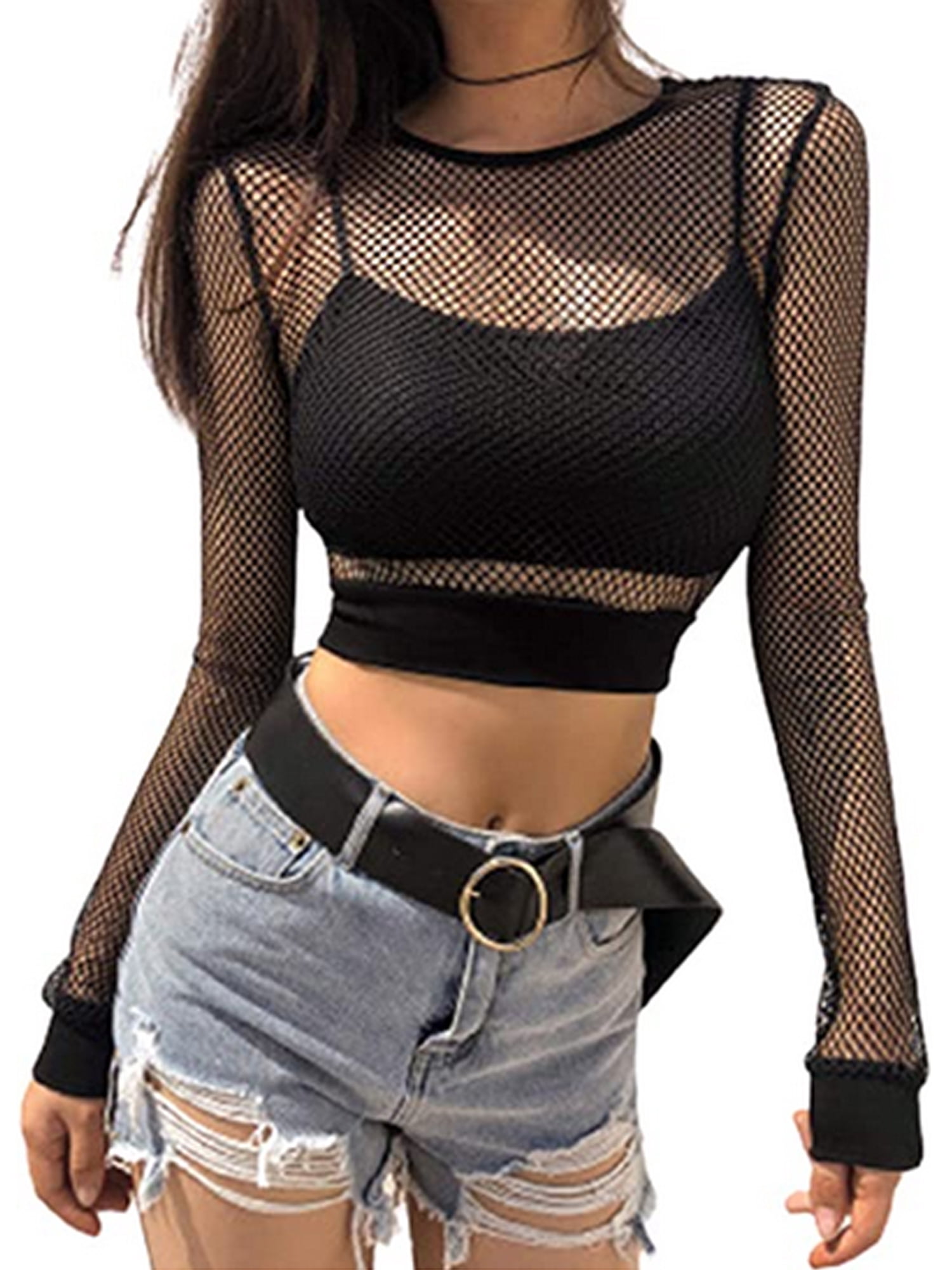 Musuos Women's Long Sleeve Mesh Crop 