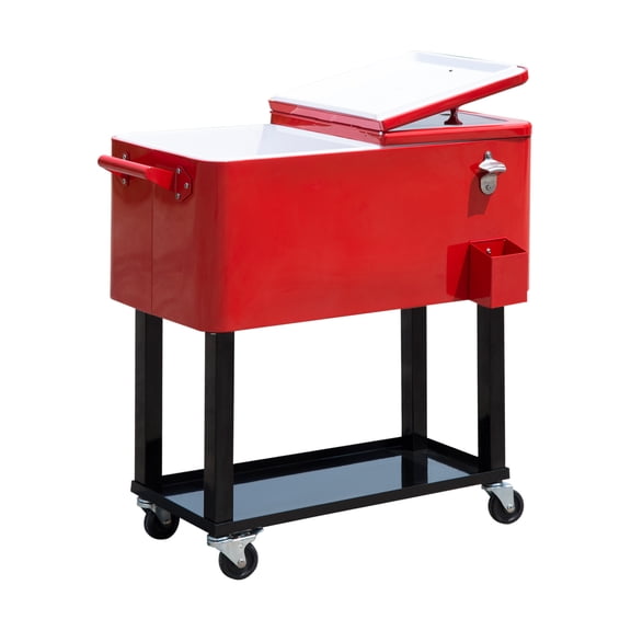 80 QT Rolling Cooler, Ice Chest on Wheels, Outdoor Drink Cooler Cart, Portable Party Cooler - Red