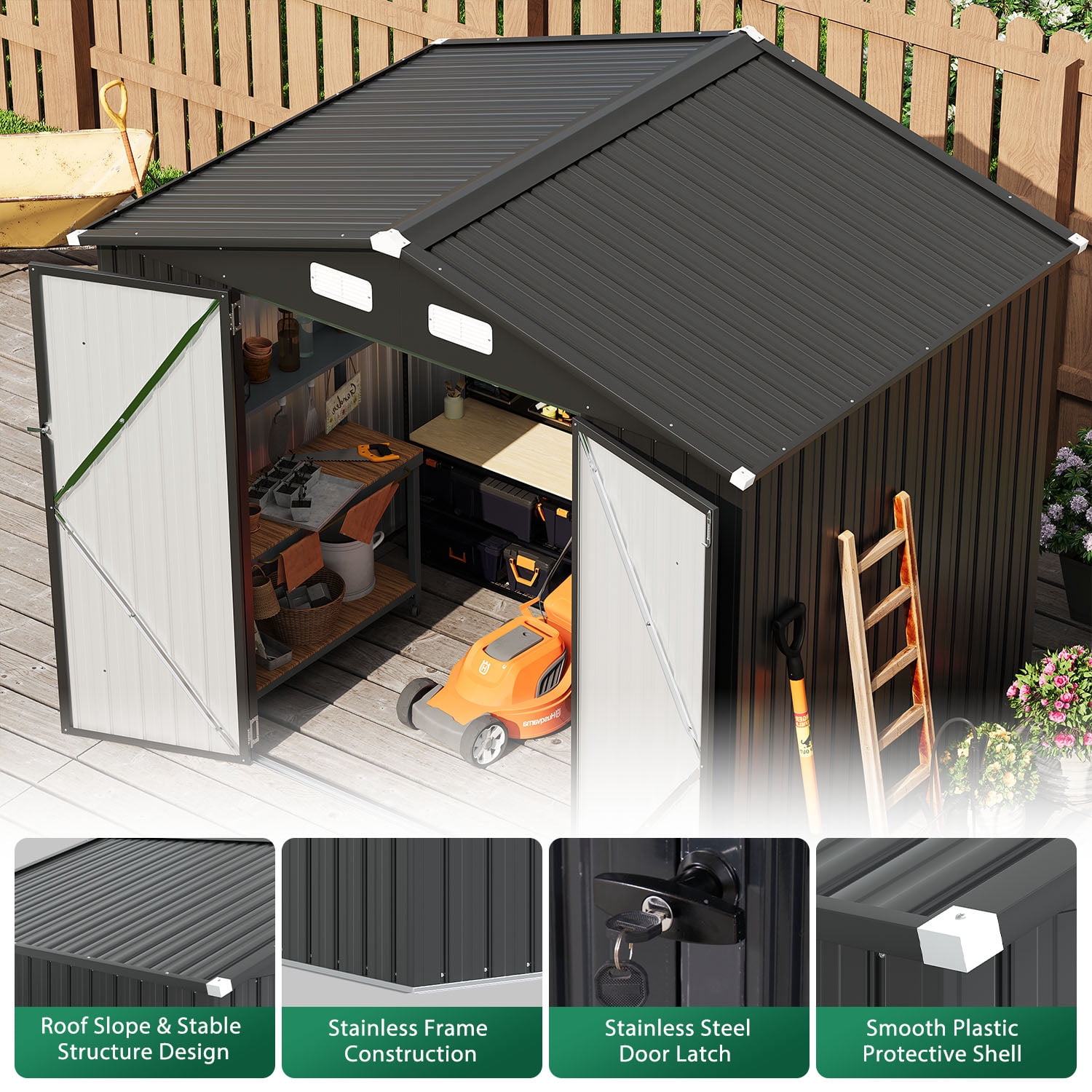 BaPiPro 8x6 FT Outdoor Storage Shed, Metal Shed Lockable Garden Tool Shed with Double Doors for Lawn Mower & Bike, Weather Resistant Patio Backyard Storage, Black