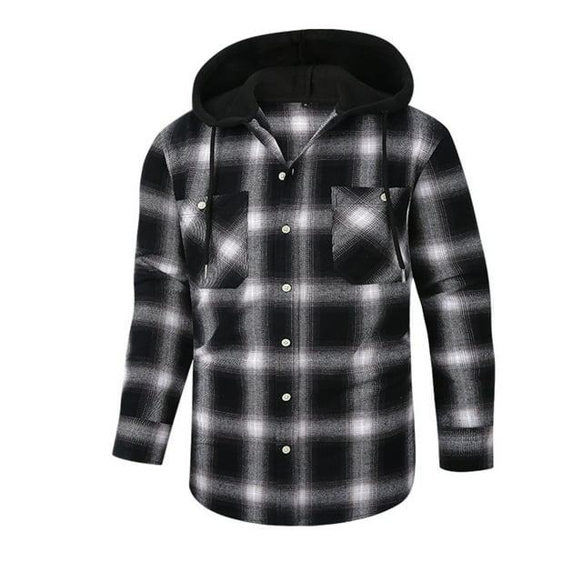 Camisas Para Hombre Manga Larga Abrigo de camisa a cuadros de franela de lana con capucha informal de moda de primavera para hombres (Black, 3XL)
