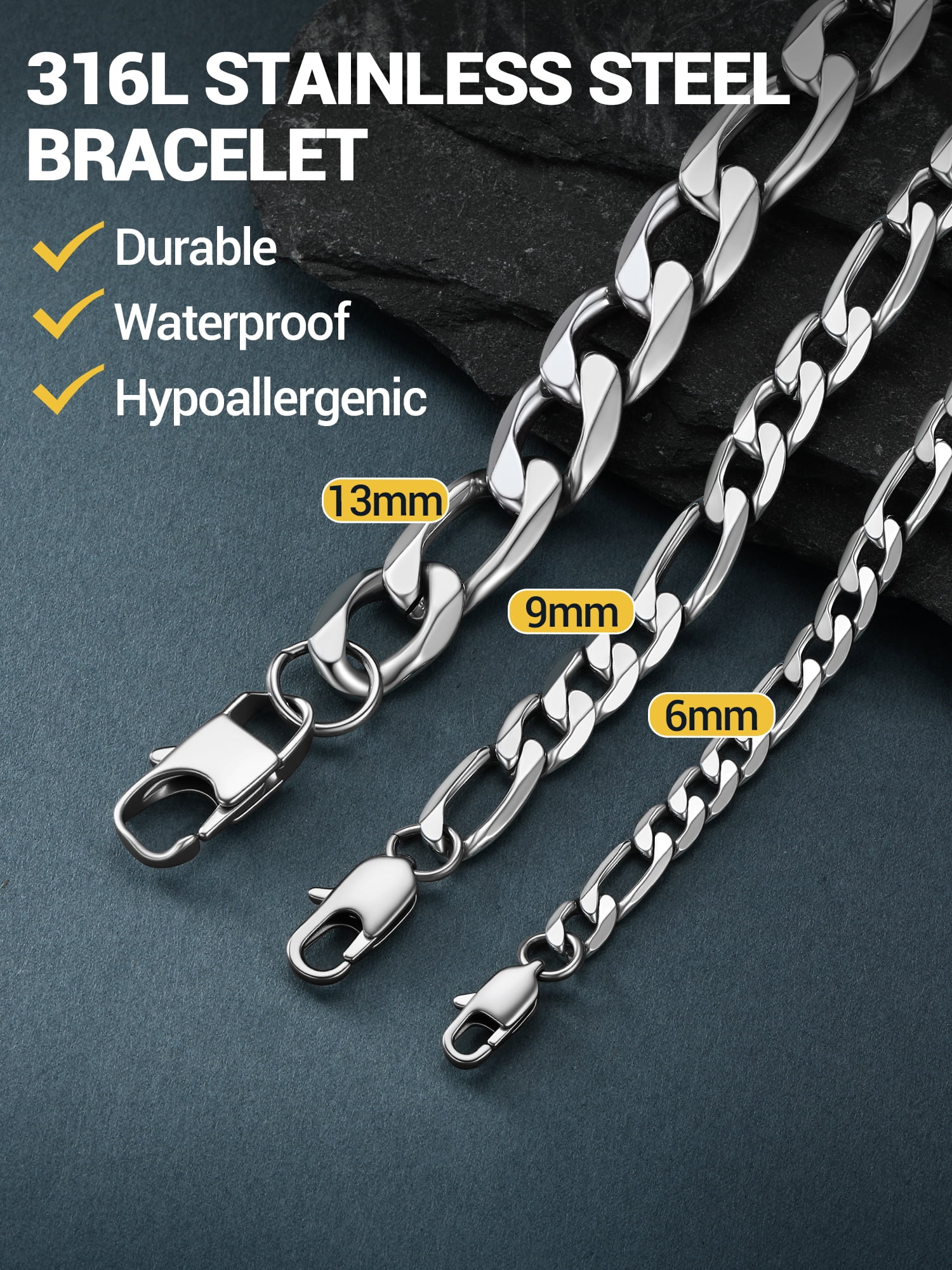 PROSTEEL Bracelet for Men Stainless Steel Figaro Chain Wrist Link Bracelets 13MM 8.3 inch Boyfriend Silver Birthday Father Day Jewelry Gift for Him Dad Son Adult Age
