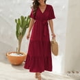 thumbnail image 4 of Akafmk Summer Dresses for Women Casual Dresses,Solid Color Round Neck Long Dress Short Sleeve Maxi Dresses Ruffled Hem A Line Beach Sundress, 4 of 5