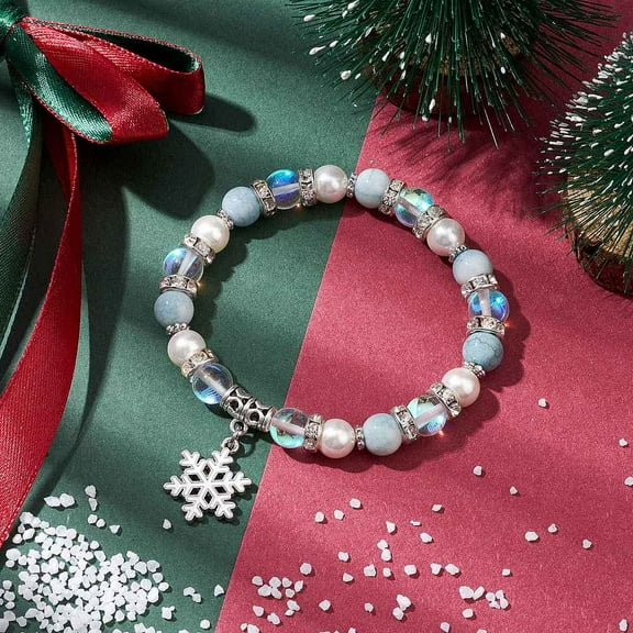 5 pc 8mm Round Moonstone & Shell Pearl Beaded Stretch Bracelets Christmas Snowflake Brass Charm Bracelets for Women Inner Diameter: 2-1/8 inch(5.5cm)