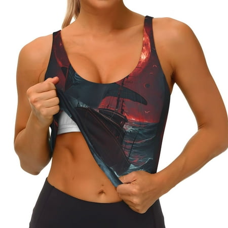 Qokaie Red Moon Shark Sailboat Pattern Womens Scoop Neck Sports Bra Breathable Workout Vest Padded U Back Medium Impact Fitness Gym Yoga Bra Workout Crop Top
