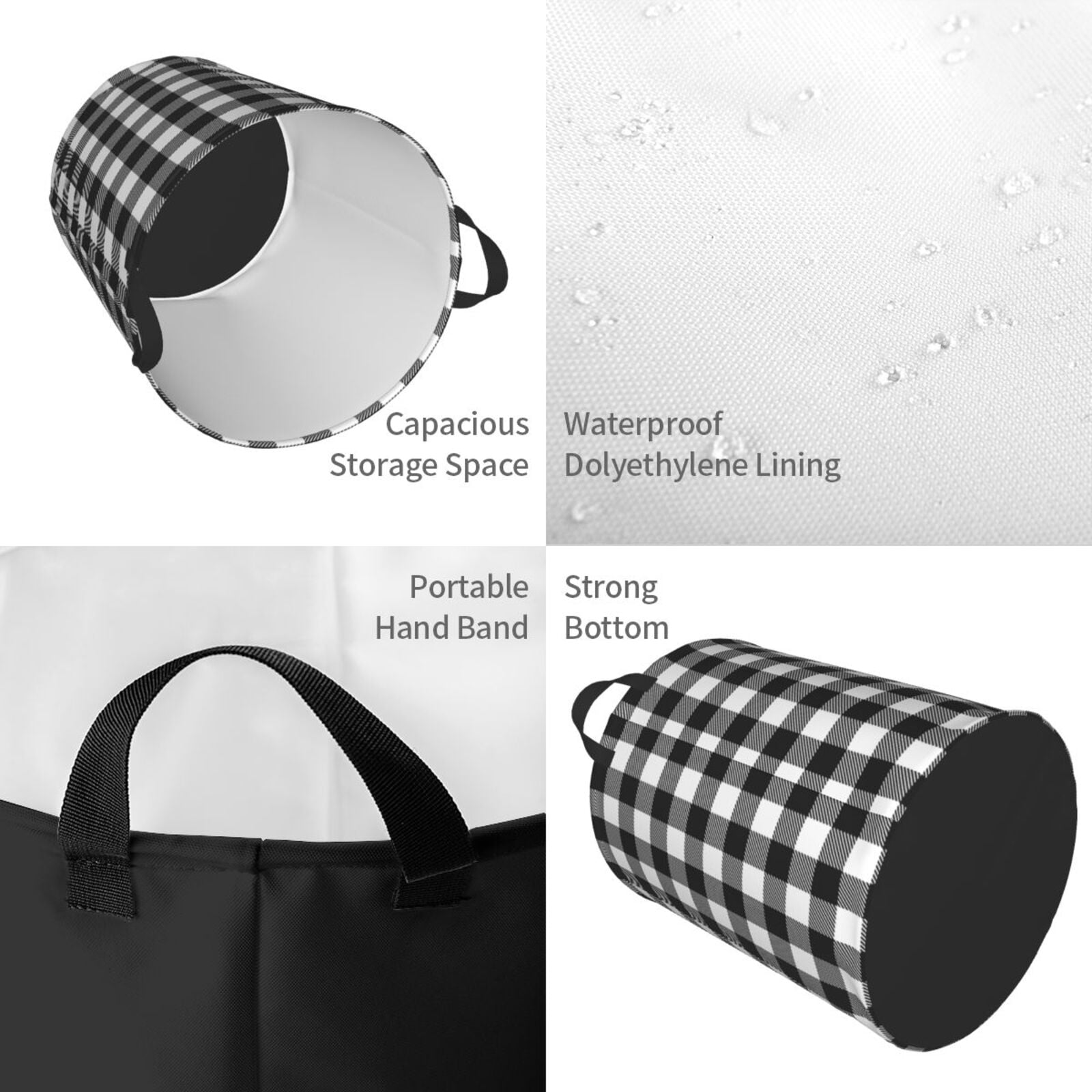 Fuzoiu Black White Plaid Print Circular Hamper,Laundry Basket with Handle,Collapsible Laundry,Dirty Clothes Storage Basket,for Bedroom Bathroom Dorm Living Room-Small