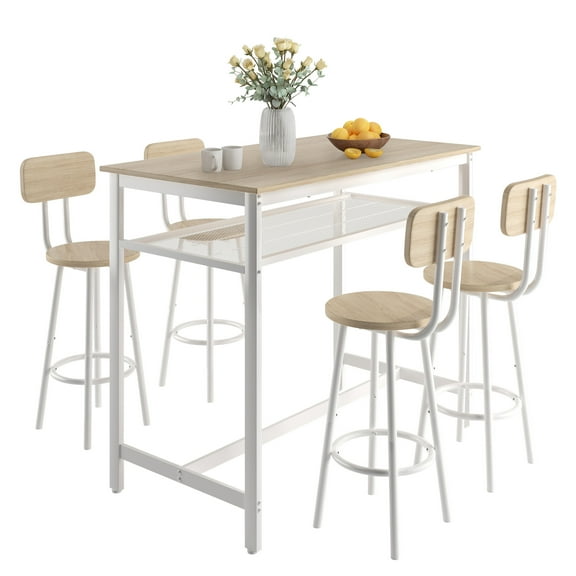 PAPROOS Dining Table Set for 4, Counter Height Dining Table and Chais Set, Modern Pub Bistro Table with Bottom Storage Shelf, Heavy Duty Dinette Sets for Dining Room Breakfast Nook Kitchen, White Oak