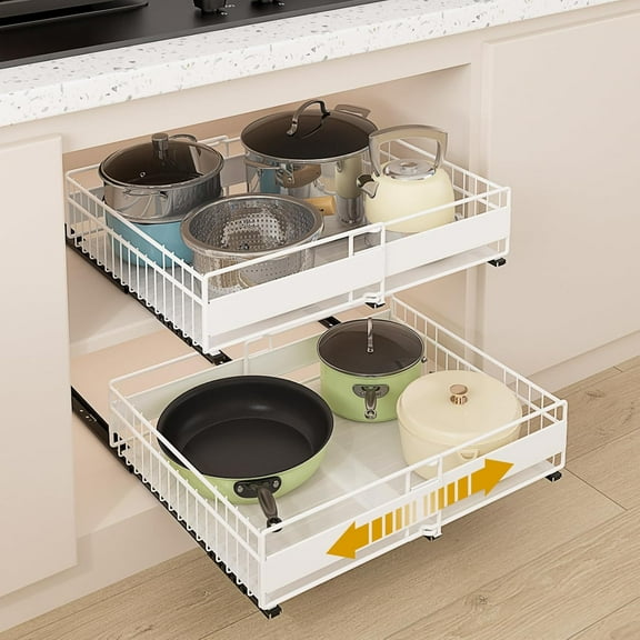 2 Pack Pull Out Cabinet Organizer, Expandable(12"-20") Slide Out Drawers 3 Slide Rails Fix with Adhesive or Screw, Roll Out Shelves for Kitchen Cabinet Organization, White, 12cm height