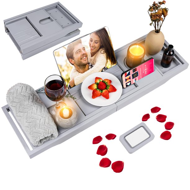 Bandeja para bañera BESHOF plegable de bambú con soporte para copas de vino