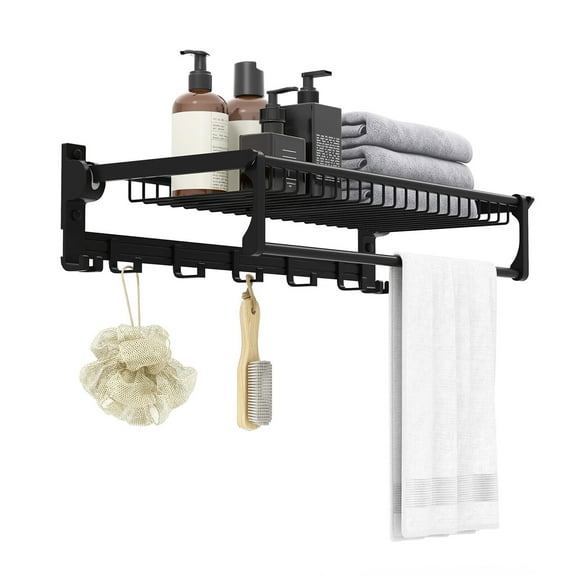 Gymax Wall Mounted Foldable Towel Rack w/ Adjustable Towel Bar & Movable Hooks Black