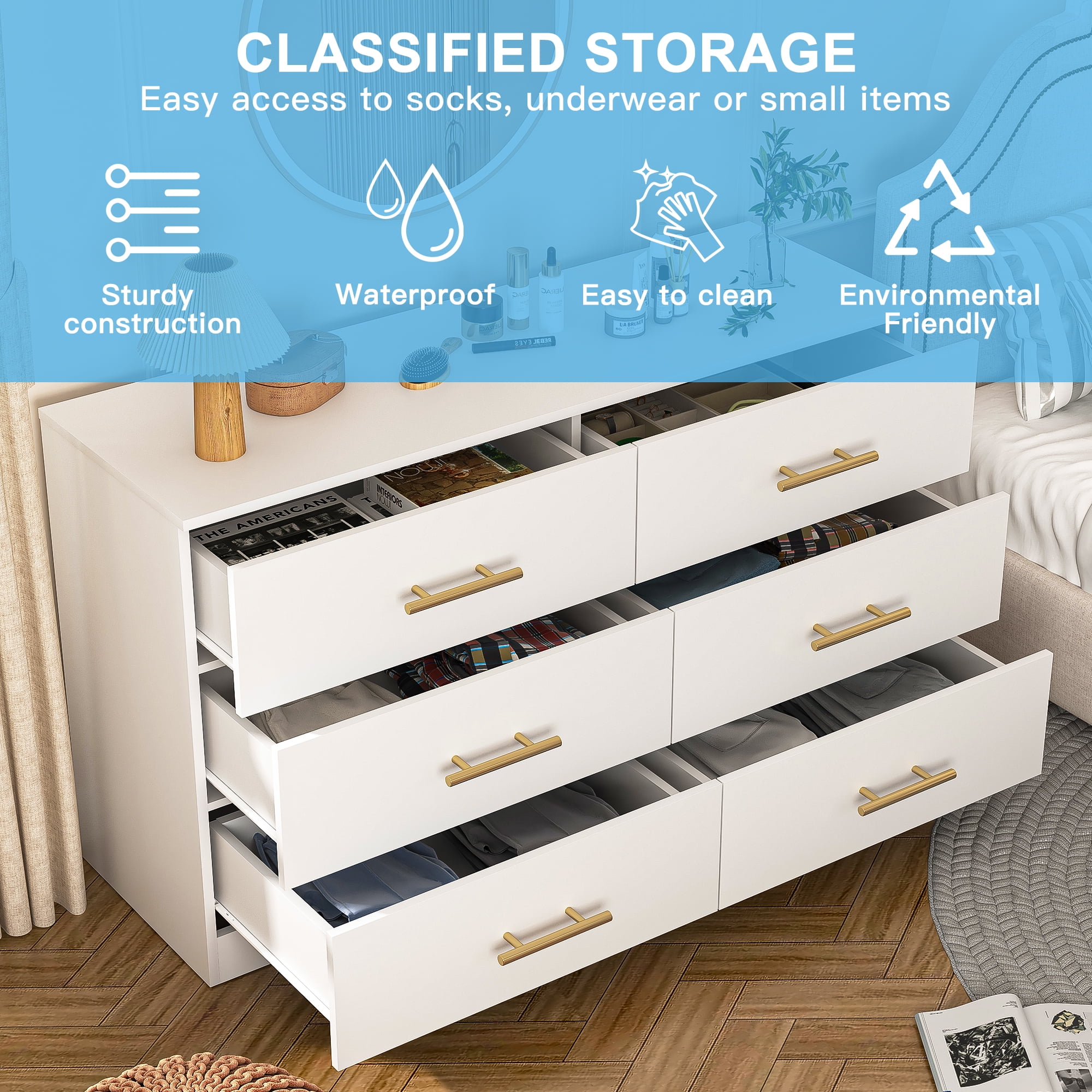 YYAo Wooden 6 Drawer Dresser, Large Modern Chest of 6 Drawers Night Table, TV Stand for 55" TV for Bedroom, Closet, Living Room, White YYAo Wooden 6 Drawer Dresser, Large Modern Chest of 6 Drawers Night Table, TV Stand for 55" TV for Bedroom, Closet, Living Room, White