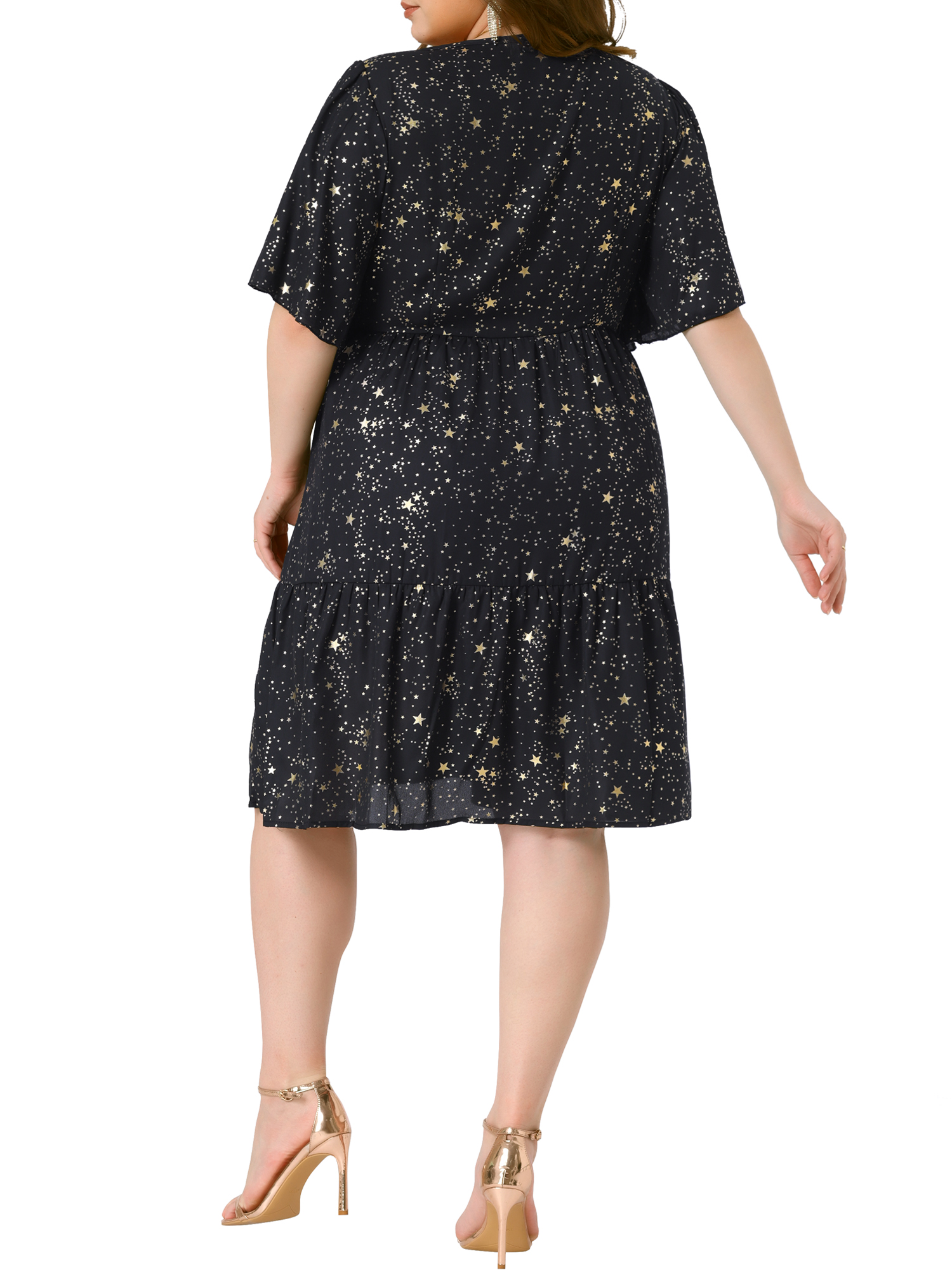 DARING DIVA Plus Size Chiffon Square Neck Short Sleeve Metallic Dress 2X Black