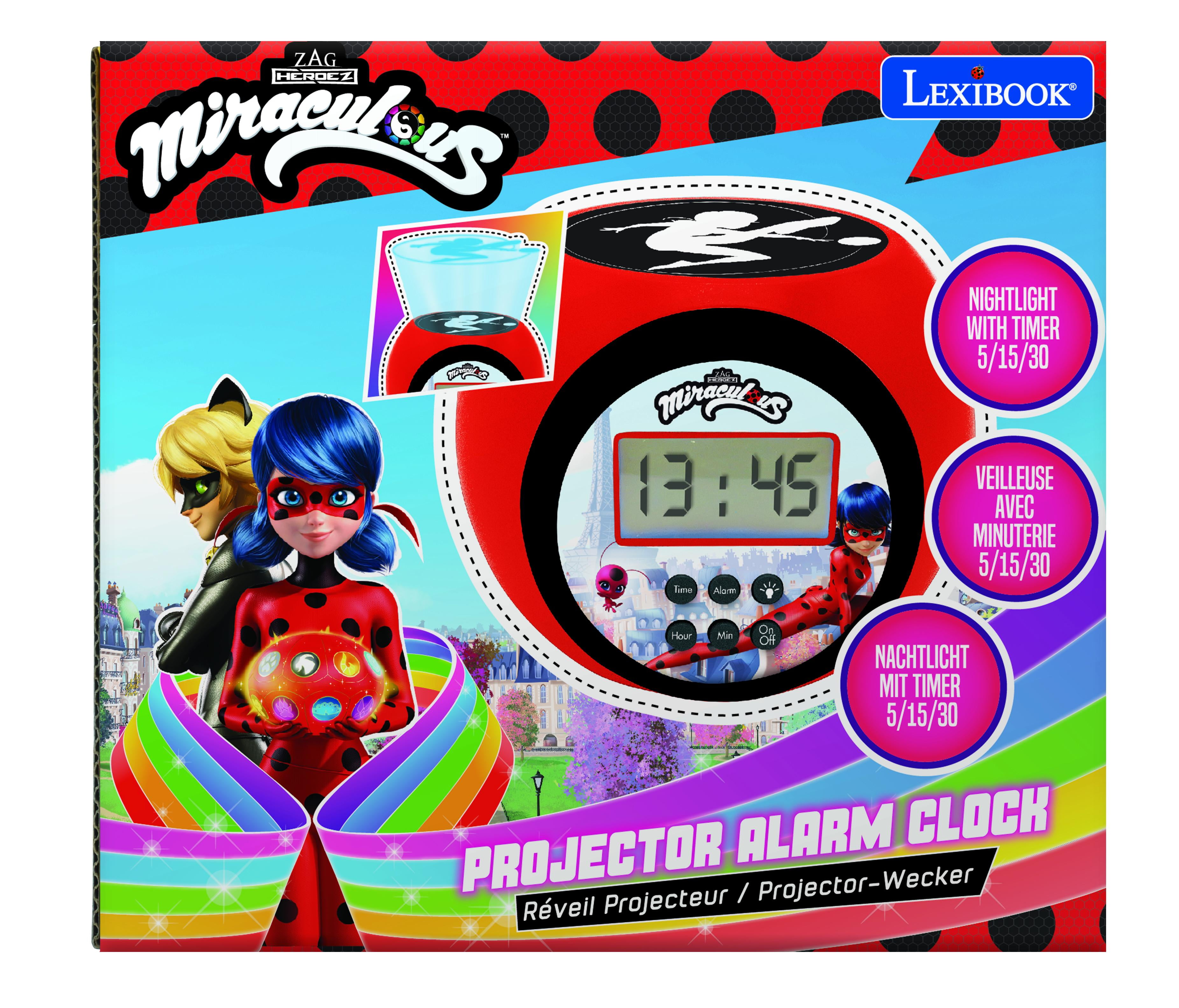 Lexibook - Miraculous Projector Alarm Clock with Snooze Function and Alarm Function, Night Light with Timer, LCD Screen, Battery Operated, Red / Black