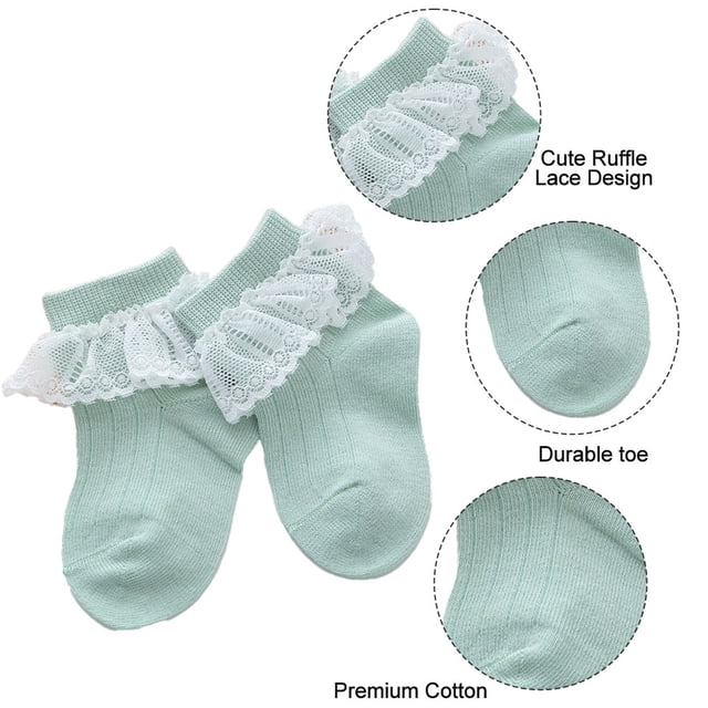 Laklulu 6 pares de calcetines para niña recién nacida con volantes, medias de encaje, calcetines de algodón tejidos con borlas de princesa