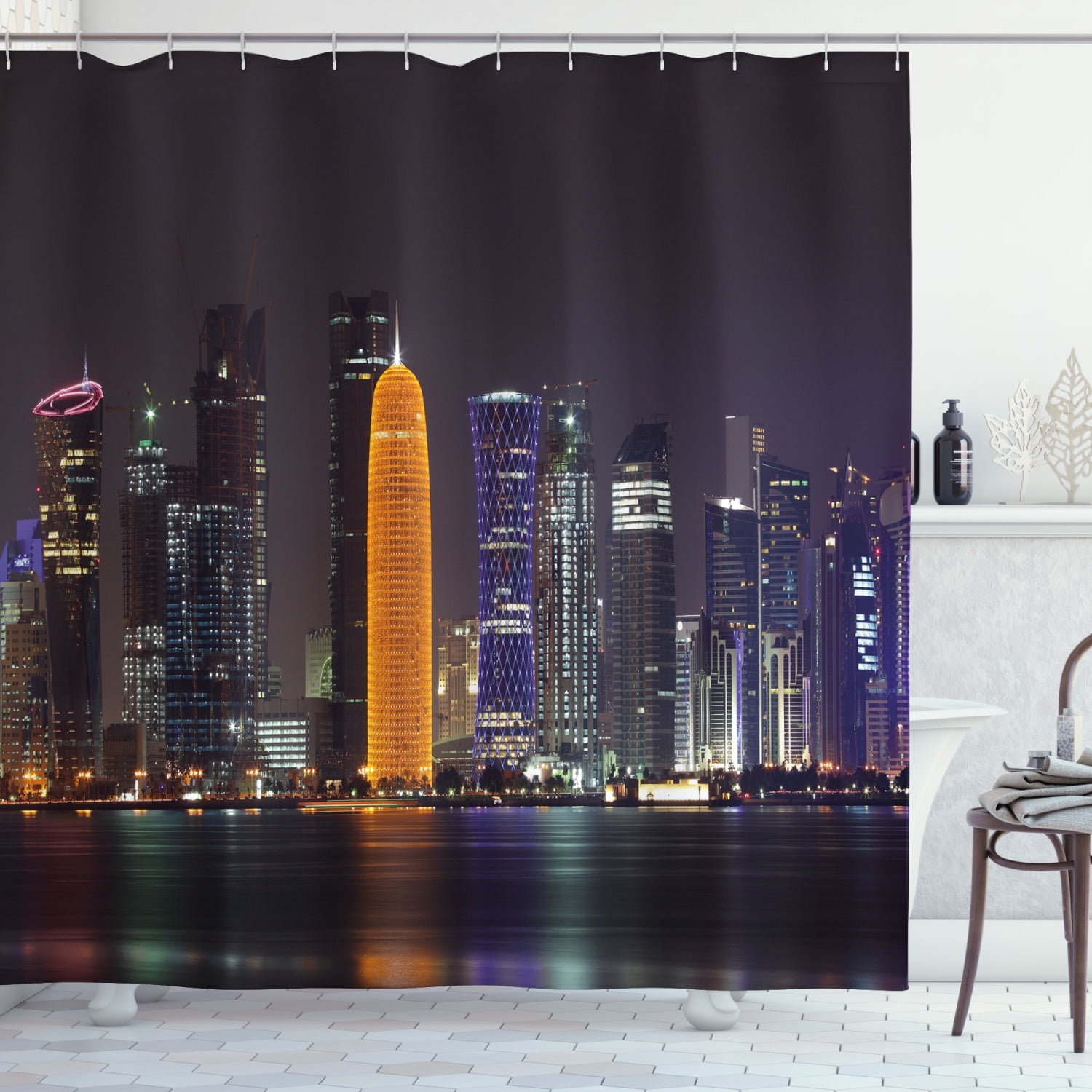 Urban Shower Curtain, Qatar Middle East Town with Luminous Skyscraper