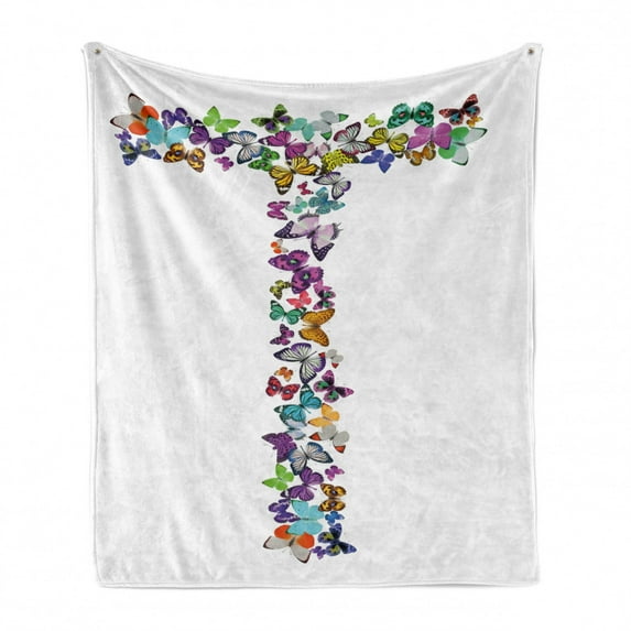 Letter T Soft Flannel Fleece Throw Blanket, Language of the Springtime Themed Alphabet Design with Butterflies and Letter T, Cozy Plush for Indoor and Outdoor Use, 60" x 80", Multicolor, by Ambesonne