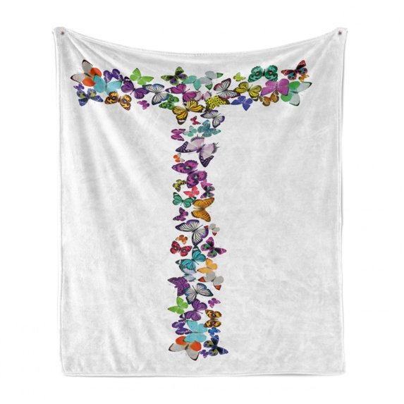 Letter T Soft Flannel Fleece Throw Blanket, Language of the Springtime Themed Alphabet Design with Butterflies and Letter T, Cozy Plush for Indoor and Outdoor Use, 60" x 80", Multicolor, by Ambesonne