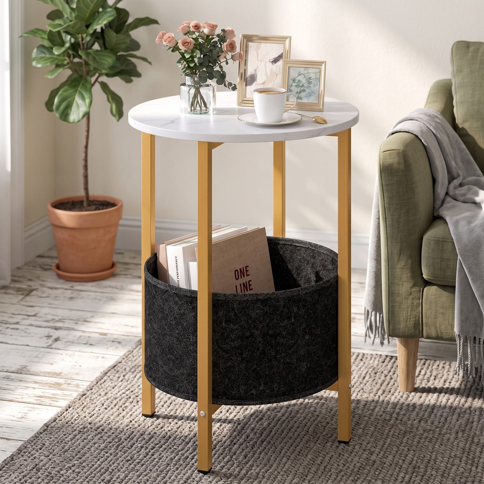 Furnibear Round End Table 2-Tier Side Table with Removable Fabric Basket and Sturdy Metal Frame for Living Room Bedroom Study Nightstand Storage, White