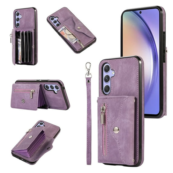 SaniMore for Samsung Galaxy A13 5G Case, Samsung Galaxy A13 5G Wallet Case for Women Men, PU Leather RFID Blocking Wristlet Zipper Shoulder Strap Cover with Card Holder Kickstand, Purple