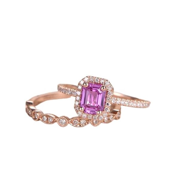 HeartsAndYou 2ct Natural Pink Sapphire Diamond Ring Halo Bridal Set 100% 14k SOLID Rose Gold