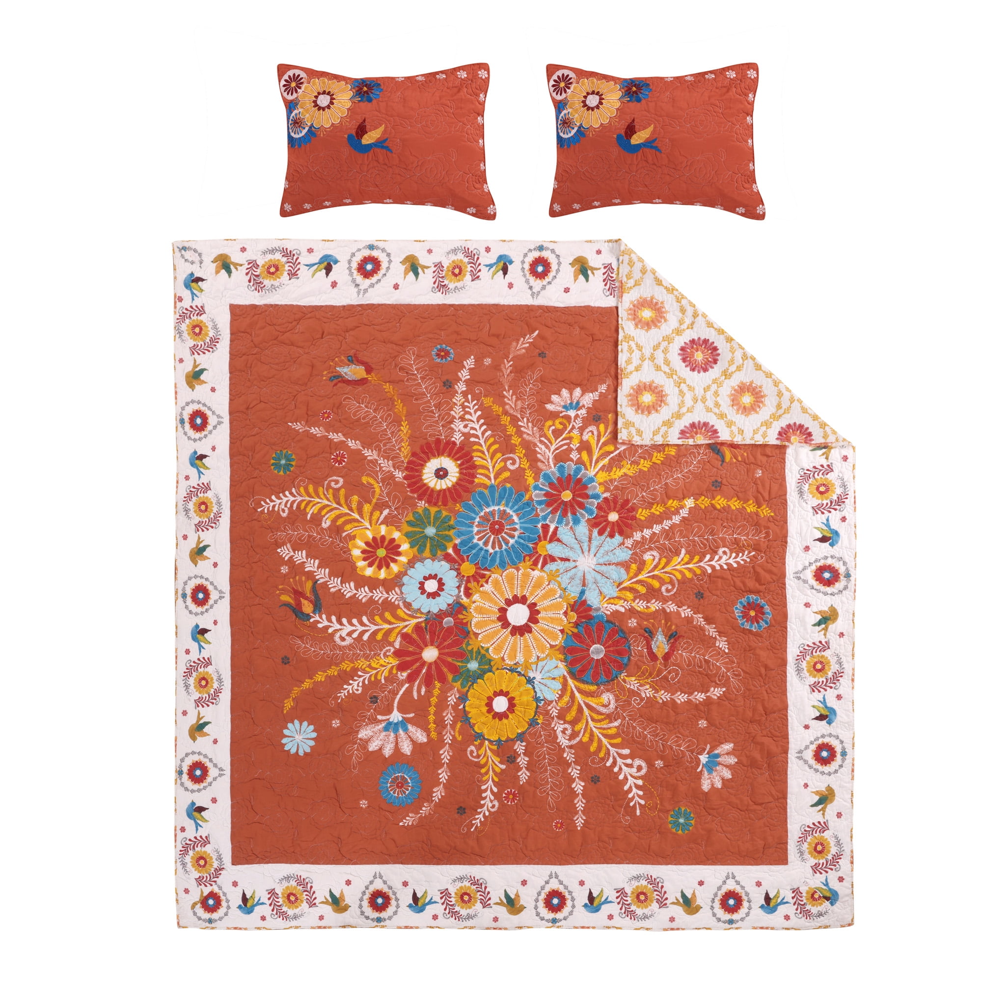 Barefoot Bungalow Topanga Boho Folk Art Quilt Set, Reversible, 3-Piece Full/Queen