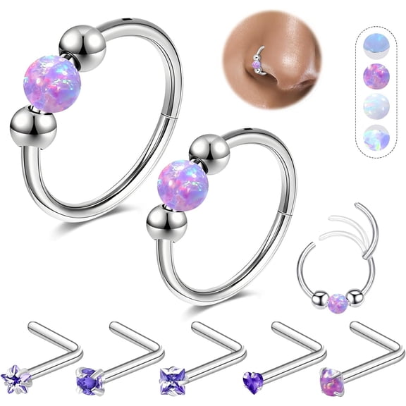 7 count Nose Rings Set 18G Opal Hoops and 20G L-Shaped Studs for Women Men  316L Surgical Steel   Septum Ring, Cartilage Earring