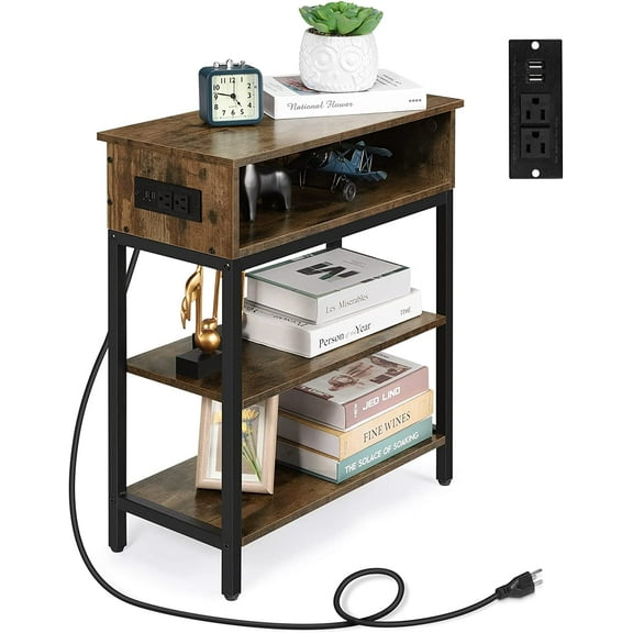 Oumilen Western Home 3 Layers End Table with Storage Shelf with Build-In Fast Charging Station with USB Ports in Rustic Burnt Wood