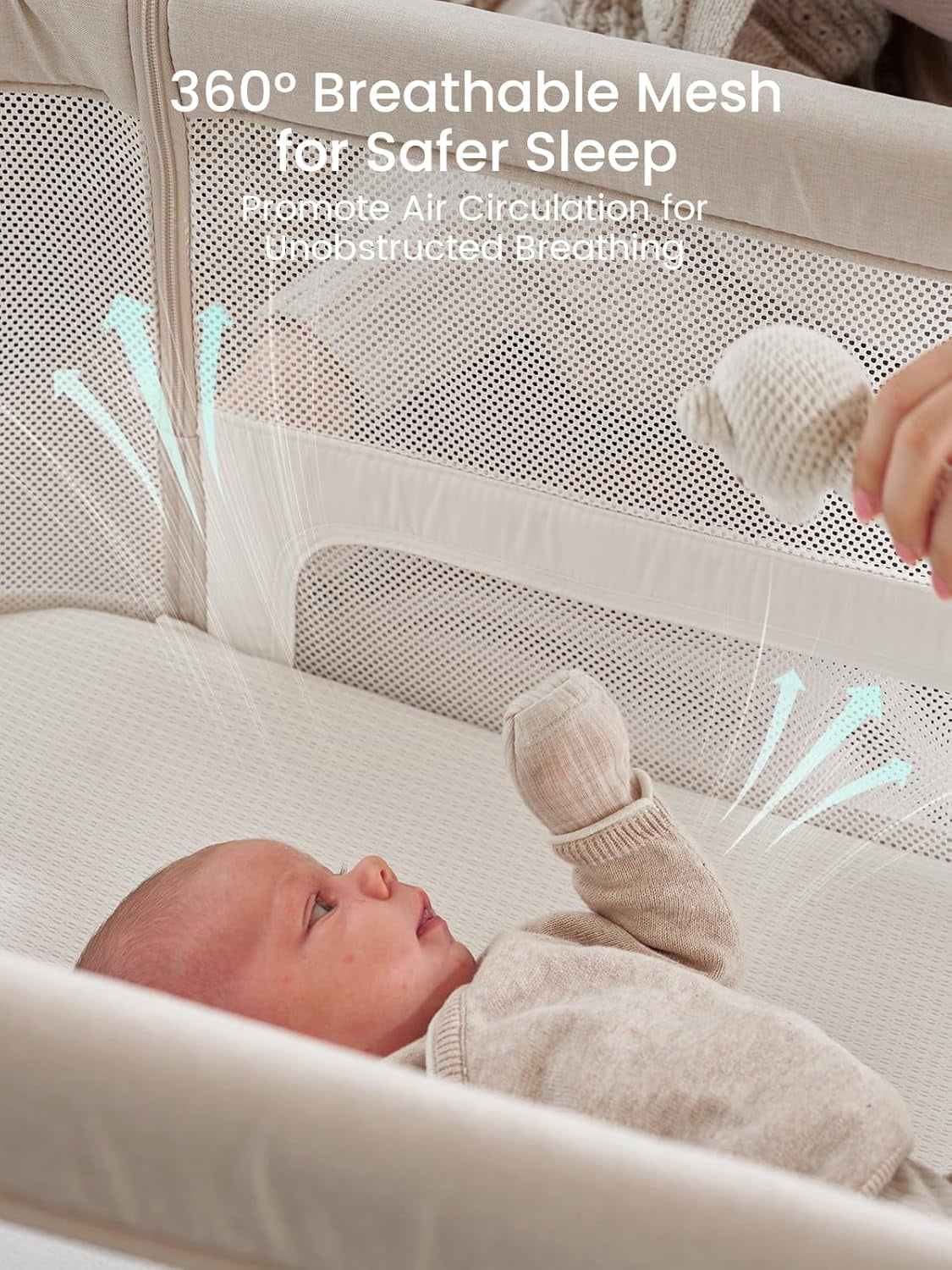 GROWNSY Baby Bassinet Bedside Sleeper with Gentle Rocking Mode, 6 Adjustable Heights, Full Breathable Mesh, Convertible to Portable Crib, Bassinets with Mattress & Wheels, Beige