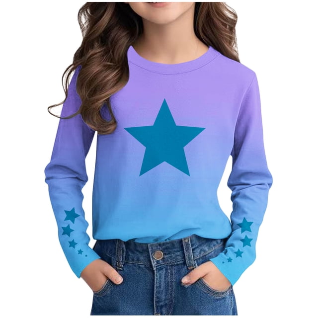 LOVZFMLL Hauts pour Adolescentes, T-Shirt à Manches Longues à Col Rond, Mode Décontractée Polyvalente à Imprimé Ombré d'Étoiles, Vêtements d'Automne Vêtements pour Filles de 13-14 Ans