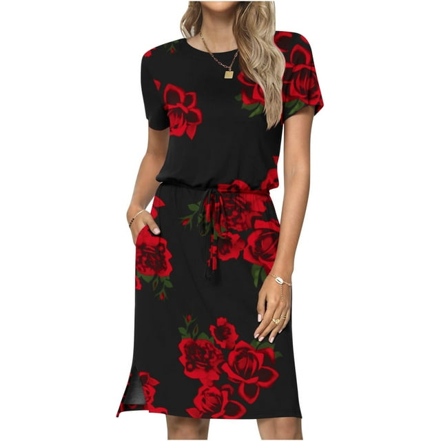 Fankiway Robe Décontractée à Imprimé Floral pour Femmes Manches Courtes Col Rond avec Poches Robes Grande Taille pour Femmes Rondes Robes de Printemps pour Femmes 6239