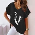 thumbnail image 2 of Summer Cotton Linen Tops for Women Feather Graphic V Neck Short Sleeve T Shirts Dressy Casual Loose Fit Blouses (XL, Black), 2 of 6