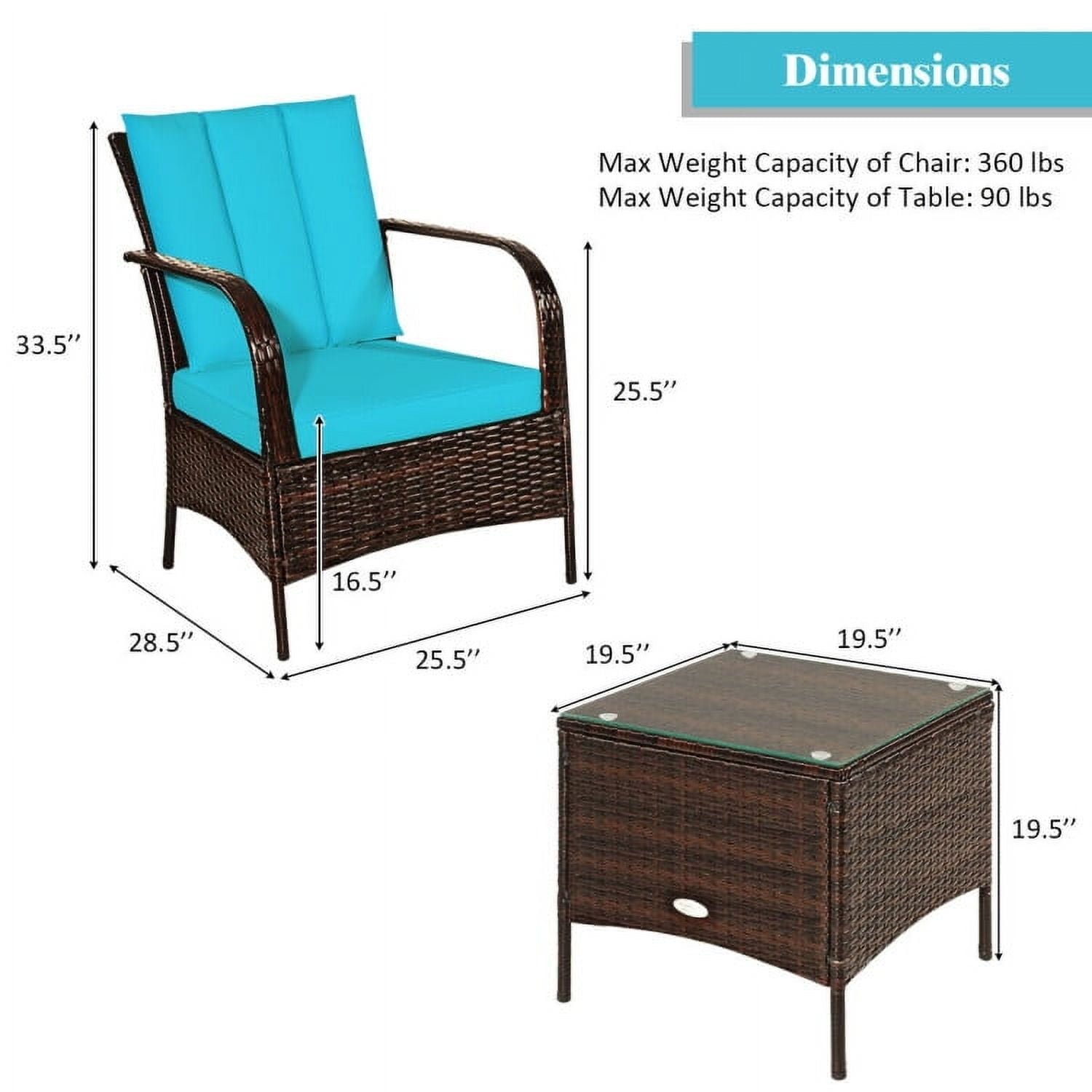 Aimee Lii 3 Pcs Patio Conversation Rattan Furniture Set, Small Patio Set with Glass Top Coffee Table and Cushions, Turquoise