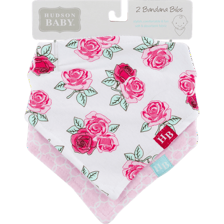 Hudson Baby Infant Girl Cotton Bandana Bibs 2pk, Roses, One Size