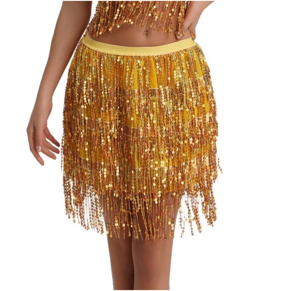 OSFVNOXV Womens Sequin Skirts High Waist Glitter Sparkly Elastic Waistband Mini Skirts with Tassels for Party Performance