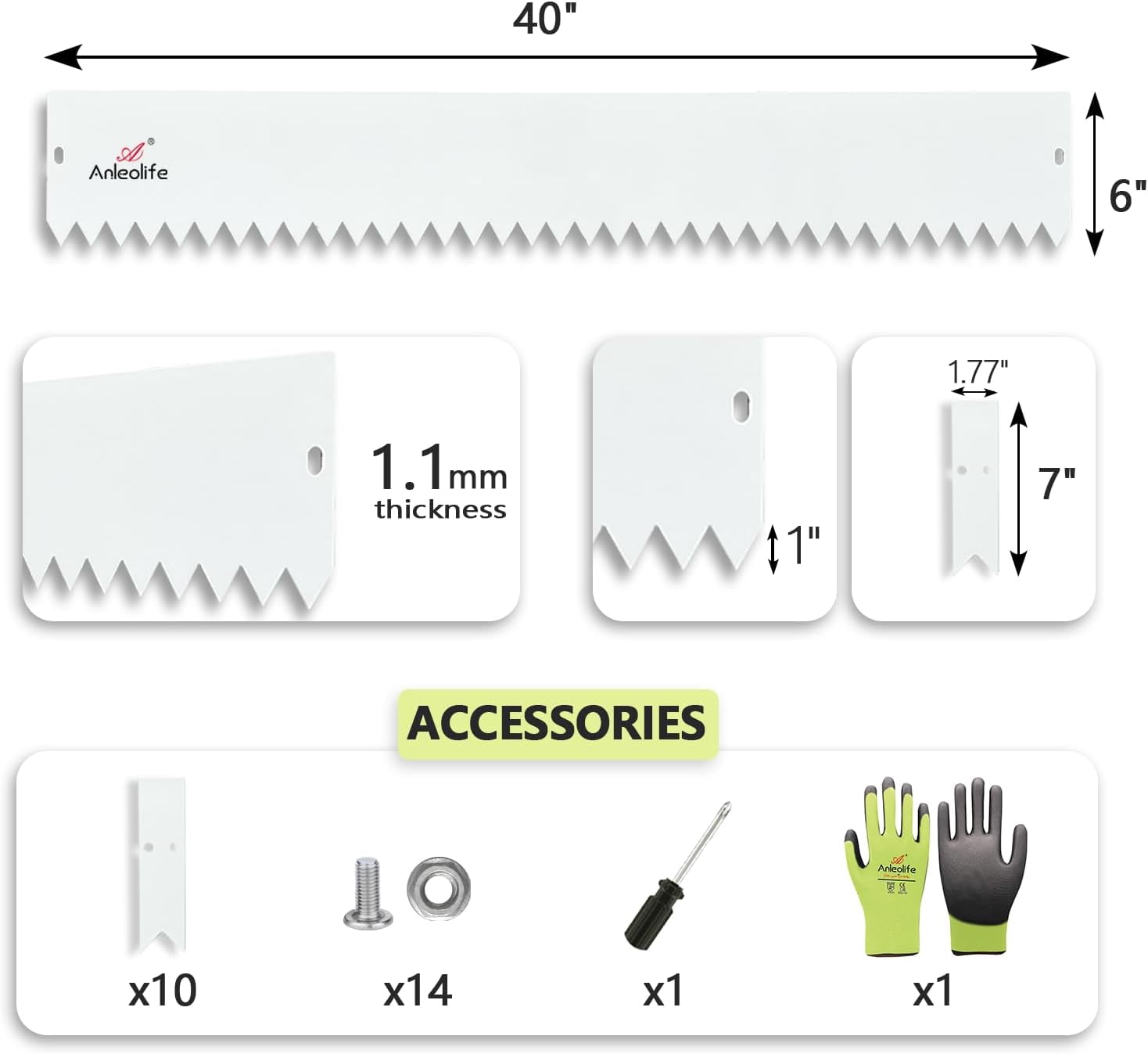 6 Pack 40" LX 6" H Galvanized Steel Garden Landscape Edging, Black Powder Coated Lawn Border with Gloves and 10 Stakes (20FT Total) (6 inch tall, Antique White)…