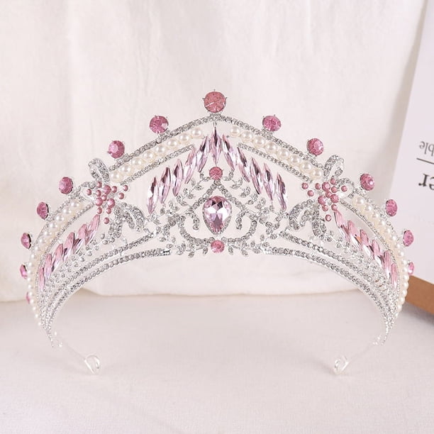 Nvzi Tiara para novia, diadema de princesa, corona nupcial, joyería para el cabello con diamantes de imitación de cristal, decoración para cumpleaños, graduación, fiesta de disfraces (rosa)