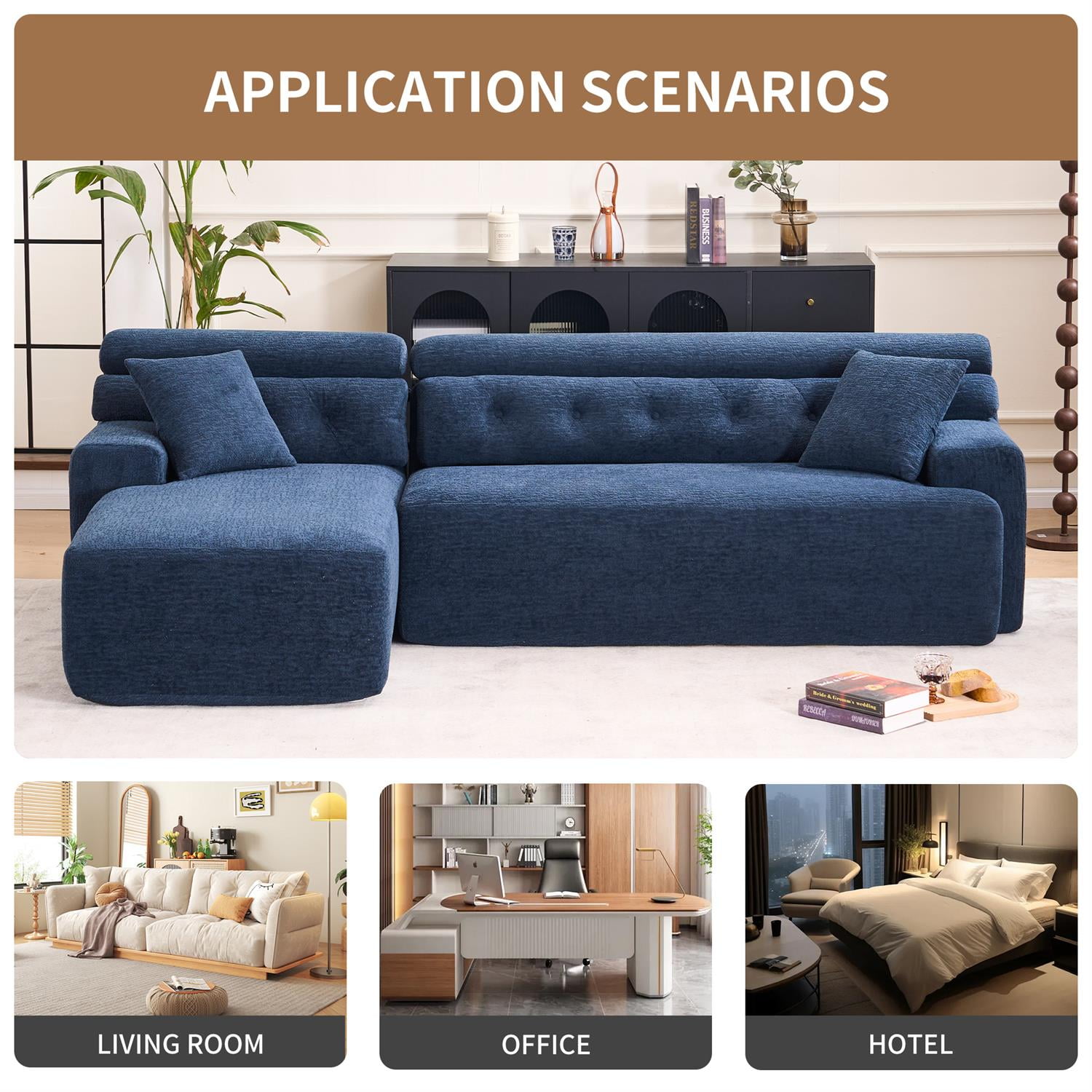 Demi Bonn 105" Modern L-Shaped Sectional Sofa, 3-Seater Couch with Chaise Lounge, 2 Accent Pillows, Wood Grain Chenille Fabric for Living Rooms, Blue