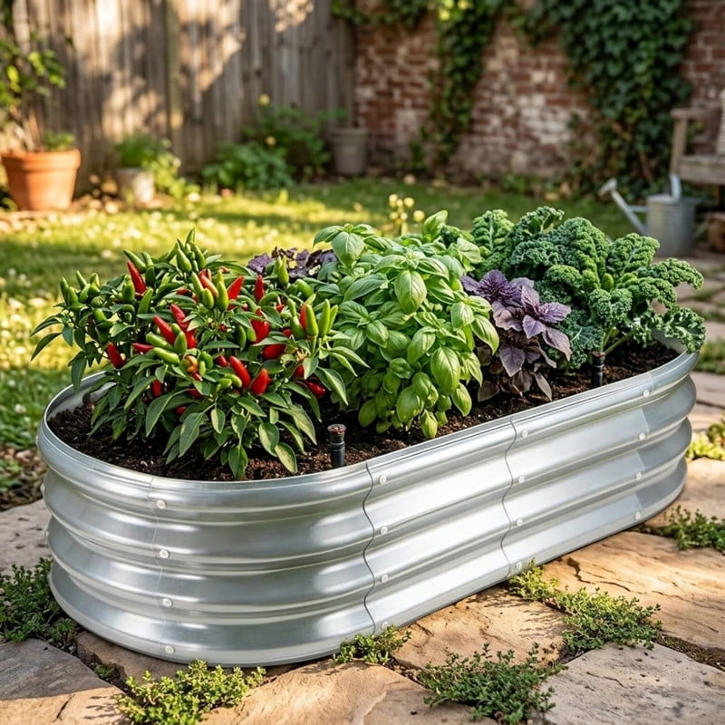 Galvanized Planter Raised Garden Bed, 4x2x1 ft Raised Garden Bed Kit for Gardening Outdoor, Oval Metal Land Planter Box for Vegetables, Flowers, Herbs, 2PCS