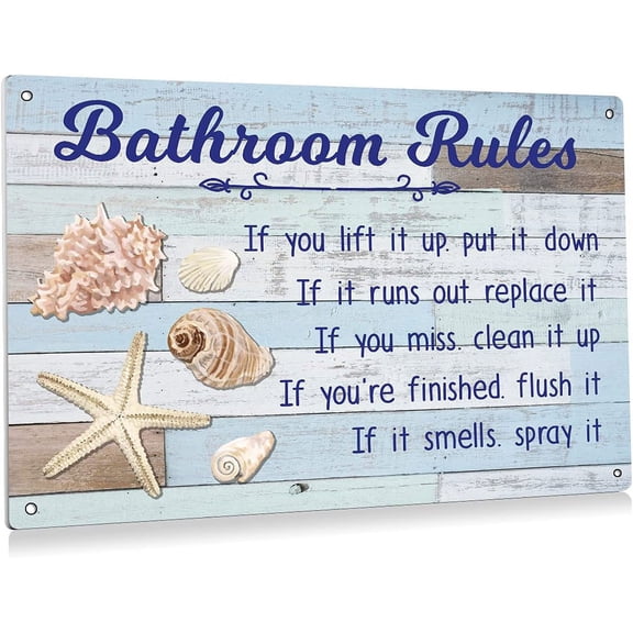 Funny Bathroom Rules Metal Tin Sign Wall Art Decor - Rustic Bathroom Quote Seashell Sign for Toilet Restroom Decor Gifts