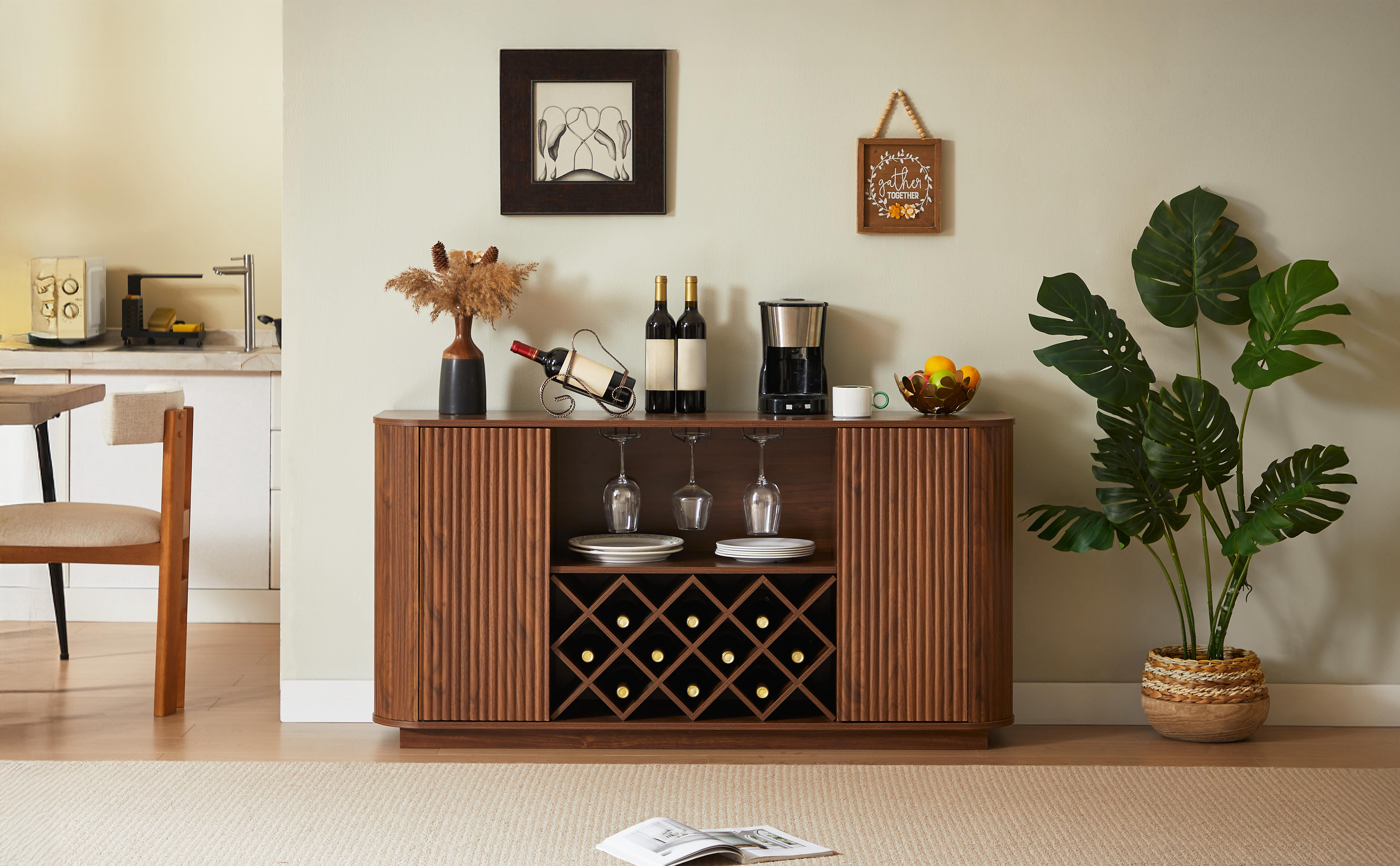 58" Sideboard Storage Cabinet With Wine Rack And Glassware Holder, Adjustable Shelves For Wine Storage And Coffee Bar, Suitable For Kitchens And Dining Rooms