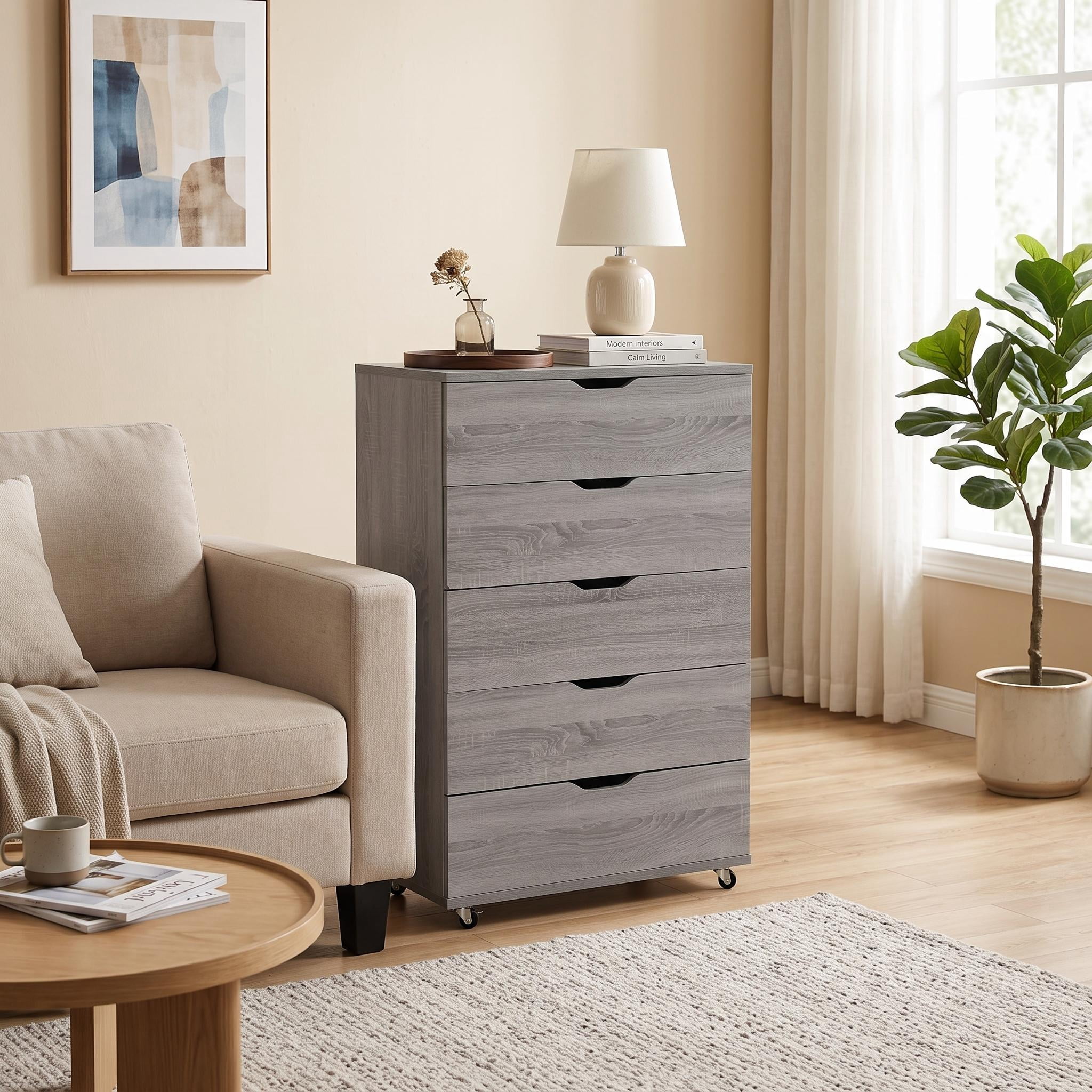 Homy Casa Gray Wood 5 Drawer Dresser Chest with Wheels for Bedroom Closet