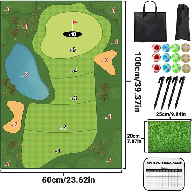 Tapis de Jeu d'Écrasement de Golf Intérieur Extérieur Jeux de Golf pour Adultes avec Tapis d'Écrasement Balles Adhésives Piquets au Sol Sacs de Rangement pour Cartes de Pointage 1 m