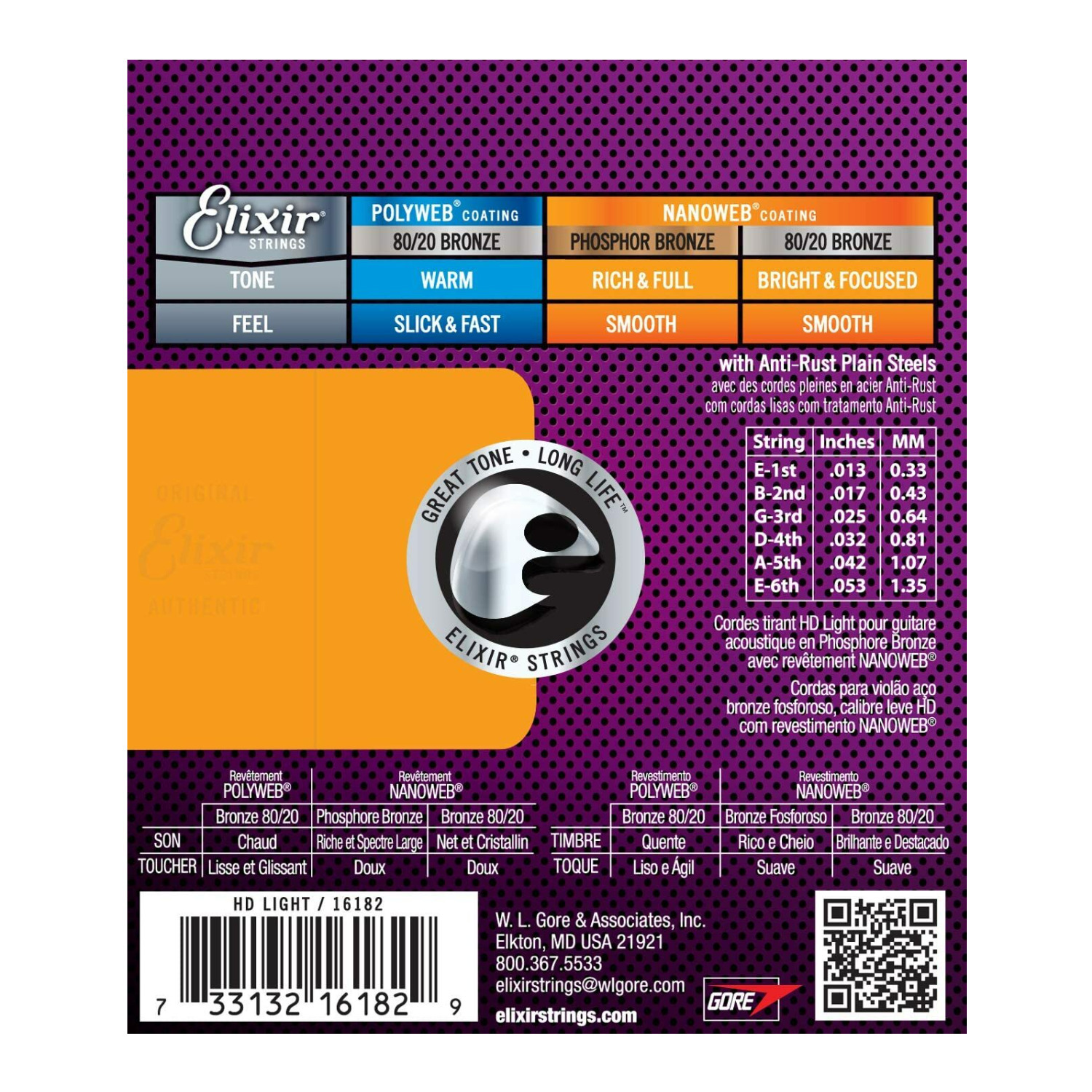 Elixir Phosphor Bronze Acoustic Guitar Strings, NANOWEB, HD Light (.013-.053)