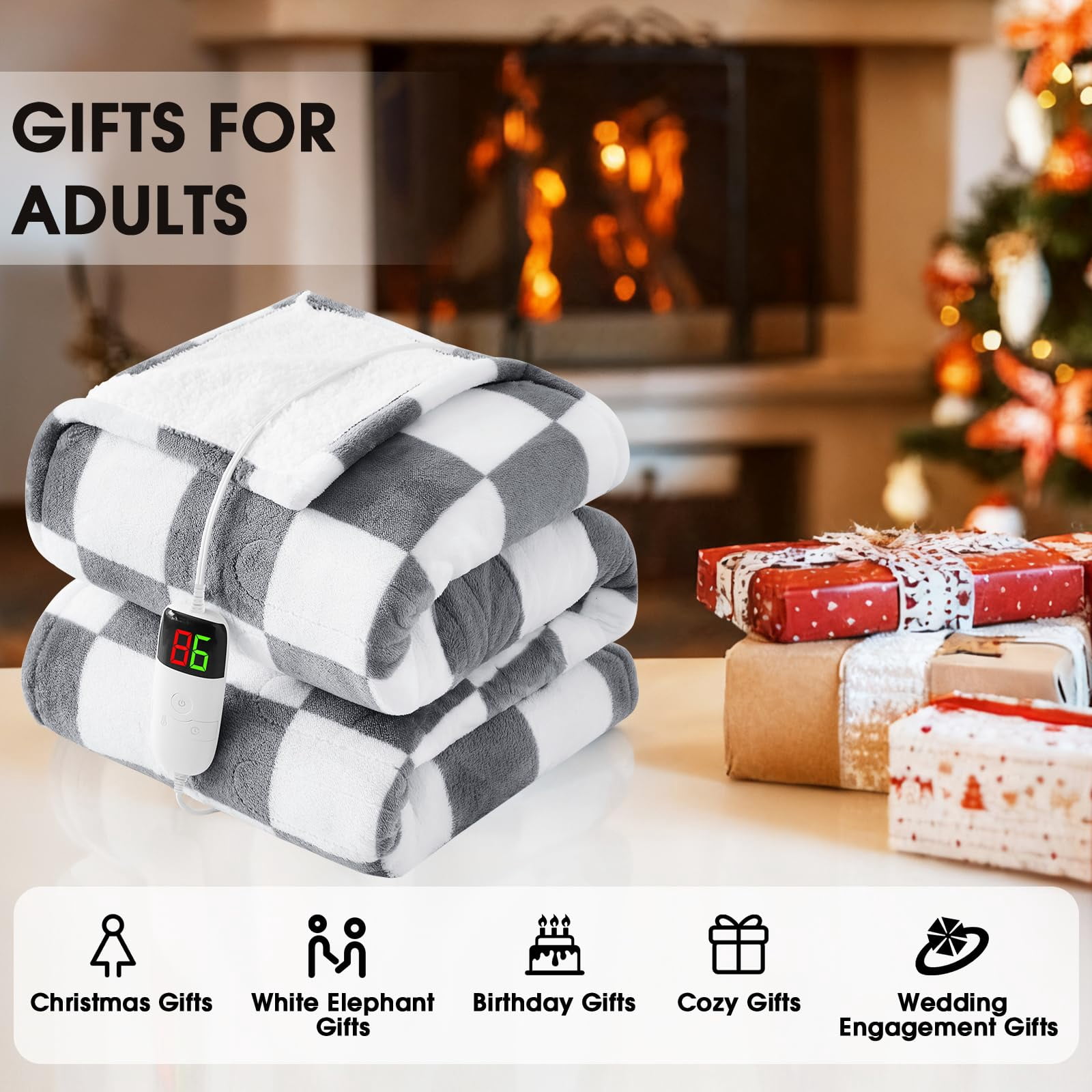 Heated Electric Blanket Throw  50x60 Heating With 10 Heat Level & 8 Hour Auto Off For Lap Light Gray Checkered Plaid Sherpa Blankets Warmer Gift Couch Grandma Women Adults Washable