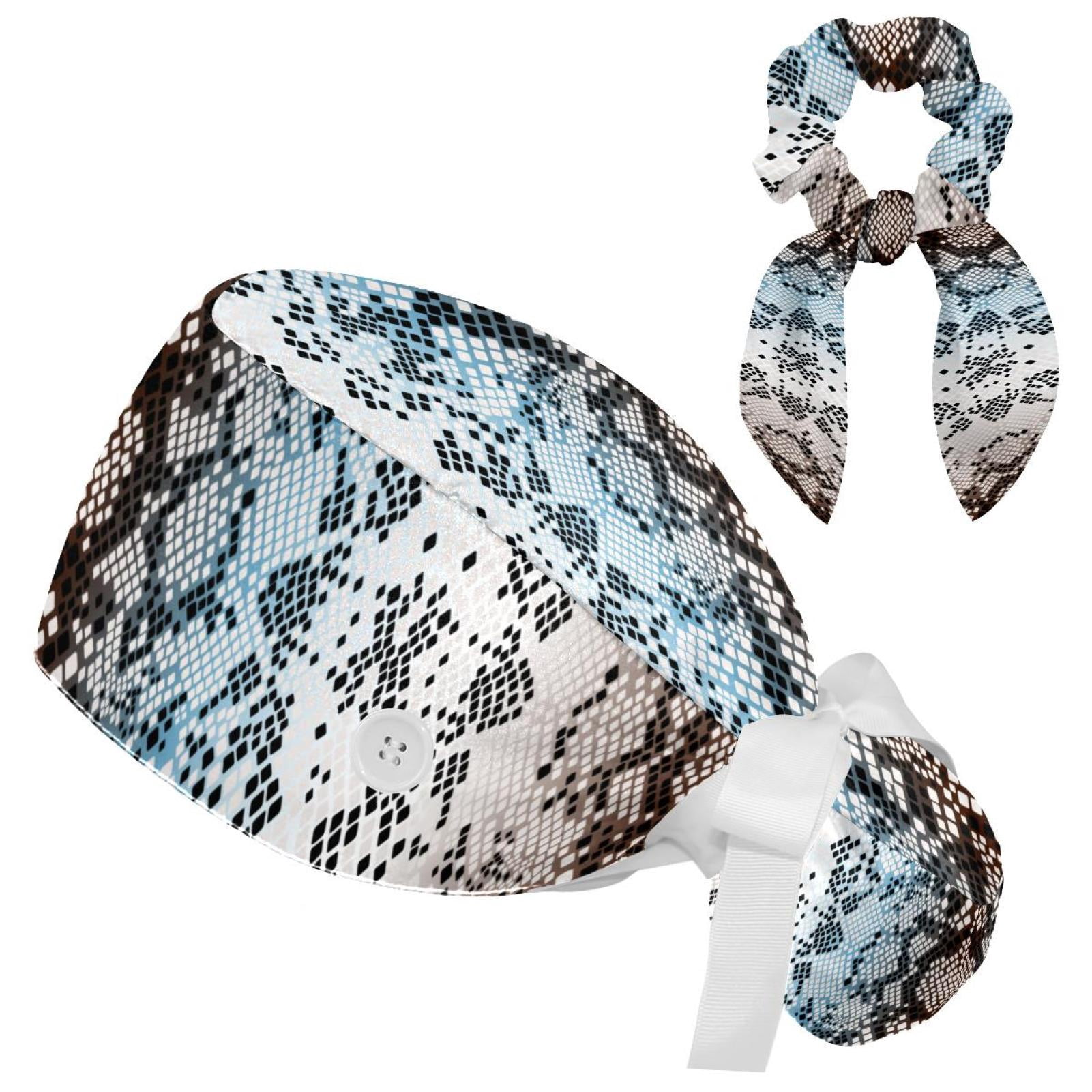 Bouffant Scrub Turban Caps - 2 PCS Tie Back Hats With Sweatband & Button, Cats With Glasses Print - View #6