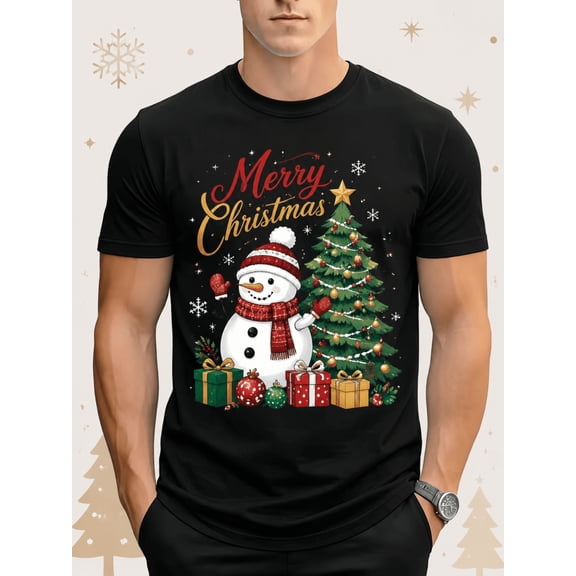 Merry Christmas Snowman Graphic T-Shirt, Christmas Tree Gift Box Snowflake Holiday Casual Short Sleeve Tee
