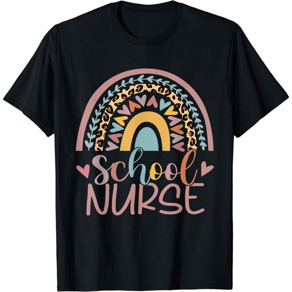 Cute Rainbow Leopard Print School Nurse Back To School T-Shirt Black Small